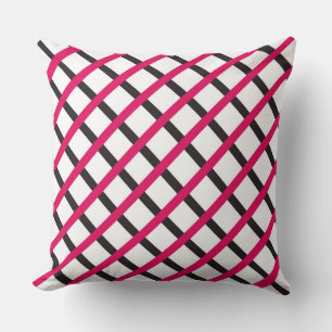 Raspberry Black Chequered Diamond Stripes Pattern Cushion