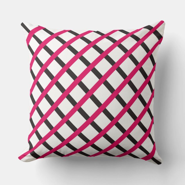 Raspberry Black Chequered Diamond Stripes Pattern Cushion (Front)