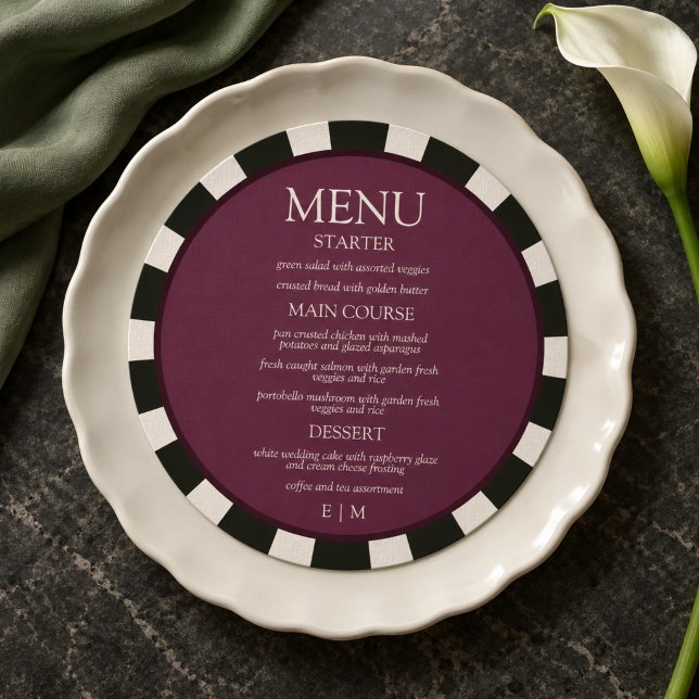 Raspberry Black & White Striped Round Wedding  Menu (Raspberry Black & White Striped Round Wedding Menu)