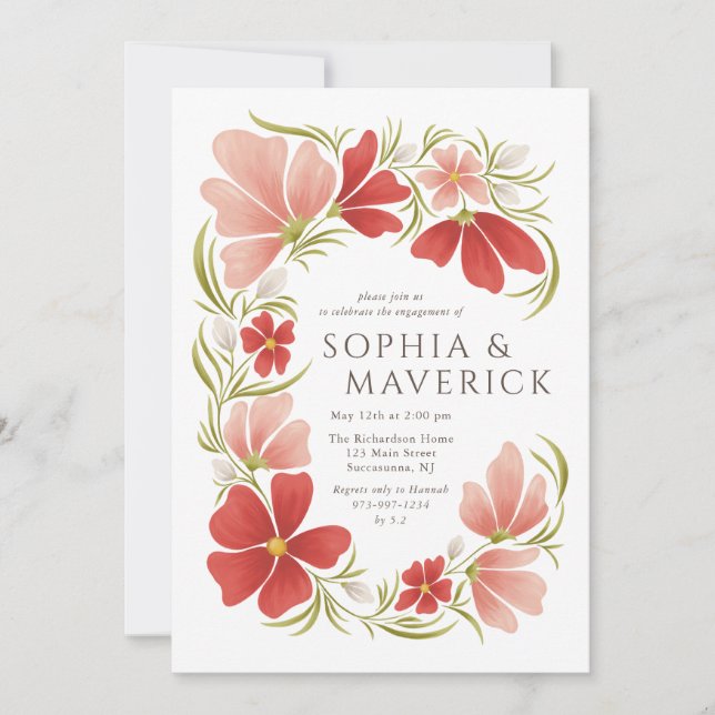Raspberry & Blush Floral Engagement Party Invite (Front)