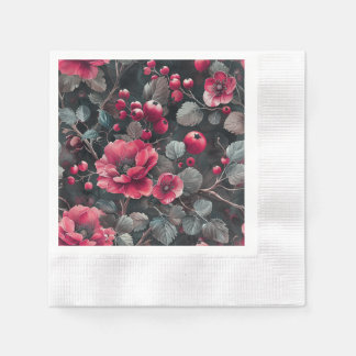 Raspberry, burgundy flowers on dark gray napkin