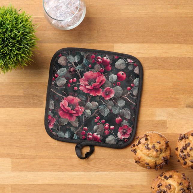 Raspberry, burgundy flowers on dark gray pot holder (Top Down)