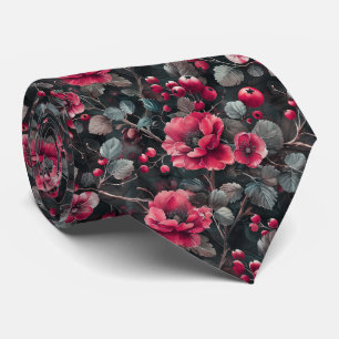 Raspberry, burgundy flowers on dark gray tie