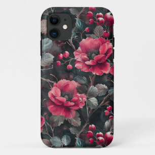 Raspberry, burgundy flowers on dark grey Case-Mate iPhone case