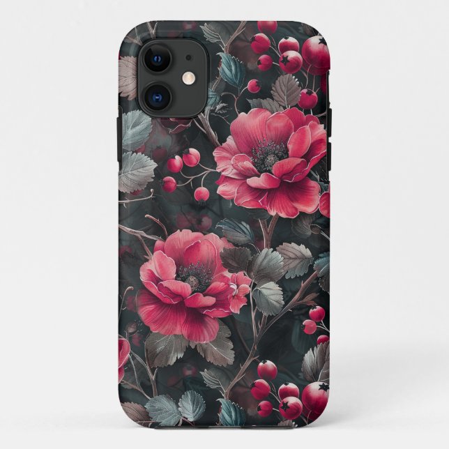 Raspberry, burgundy flowers on dark grey Case-Mate iPhone case (Back)
