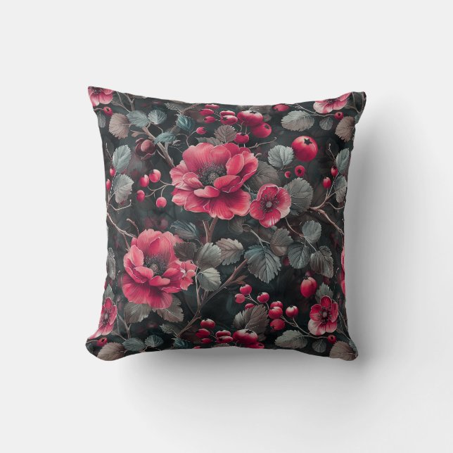Raspberry, burgundy flowers on dark grey cushion (Front)
