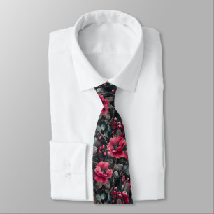 Raspberry, burgundy flowers on dark grey tie