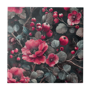 Raspberry, burgundy flowers on dark grey tile