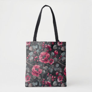 Raspberry, burgundy flowers on dark grey tote bag