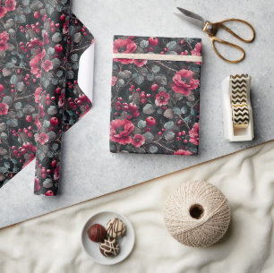 Raspberry, burgundy flowers on dark grey wrapping paper