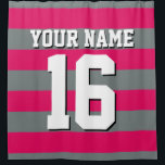Raspberry Charcoal Sports Jersey Preppy Stripe Shower Curtain<br><div class="desc">Preppy Striped Team Jersey / Sports Jersey / Football Jersey / Rugby Jersey with Custom Name Customise this with your own name or team name and a number. You can change the size, colour and placement of the text if you need to make changes, change the colour of or remove...</div>