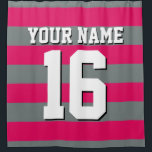 Raspberry Charcoal Sports Jersey Preppy Stripe Shower Curtain<br><div class="desc">Preppy Striped Team Jersey / Sports Jersey / Football Jersey / Rugby Jersey with Custom Name Customise this with your own name or team name and a number. You can change the size, colour and placement of the text if you need to make changes, change the colour of or remove...</div>