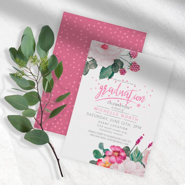 Raspberry Confetti Floral Graduation ID509 Invitation (Creator Uploaded)