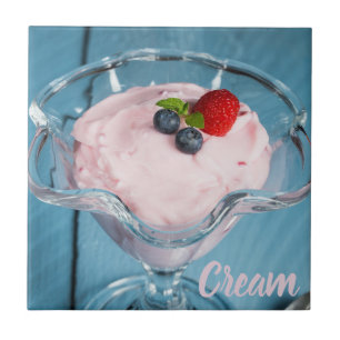Raspberry Cream Dessert with mint and fruits gift Tile