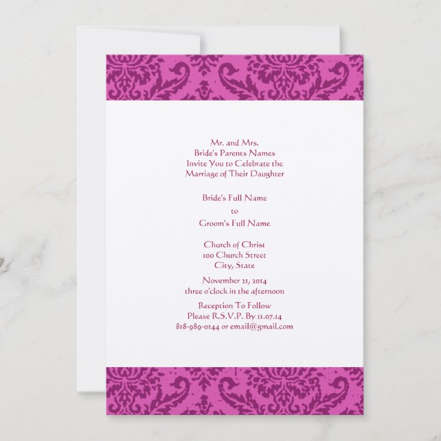 Raspberry Damask Wedding Invitation (Front)