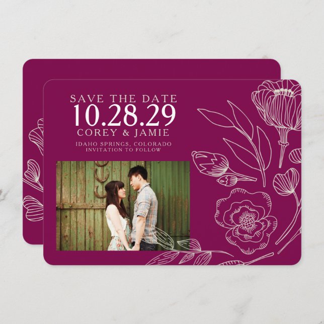 Raspberry Elegant Floral Wedding Save The Date (Front/Back)