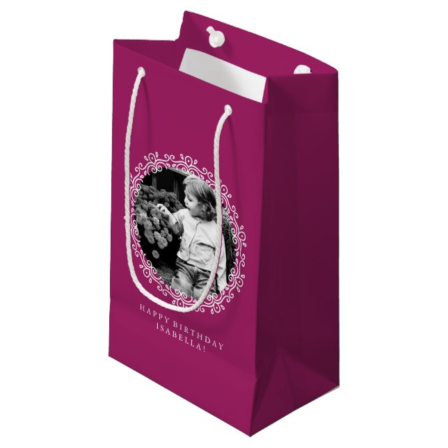 Raspberry Fancy Swirls Photo Frame Small Gift Bag (Front Angled)