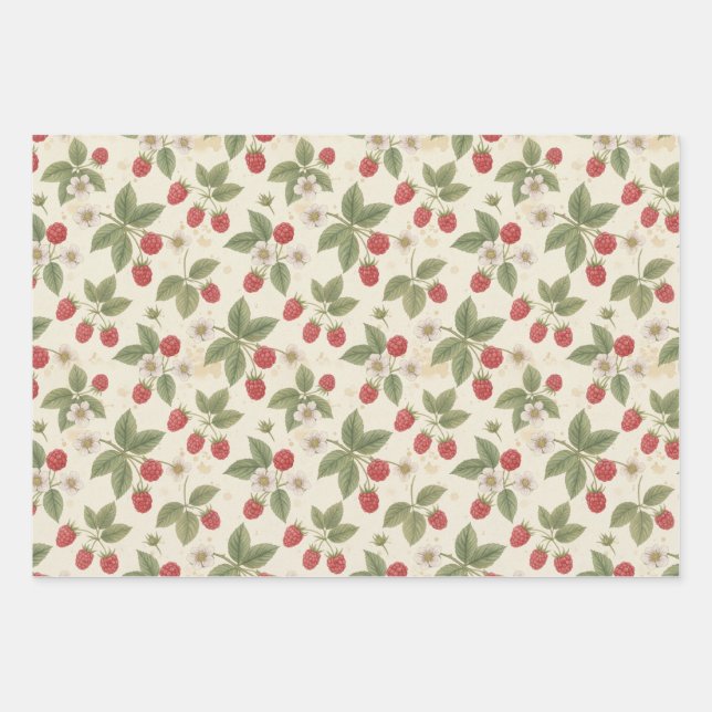 Raspberry Fruit Bunches with Leaves and Blossom  Wrapping Paper Sheet (Front)