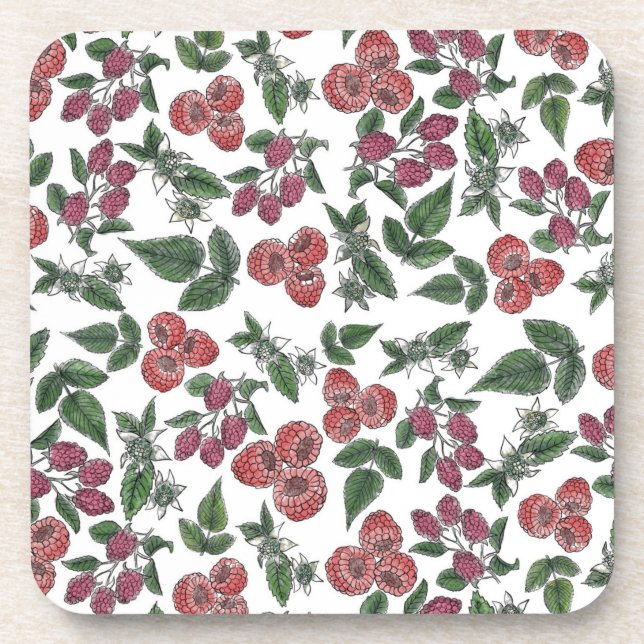 Raspberry Fruit Leaves Illustration Pattern Coaster (Front)