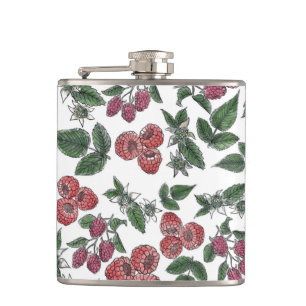 Raspberry Fruit Leaves Illustration Pattern Hip Flask