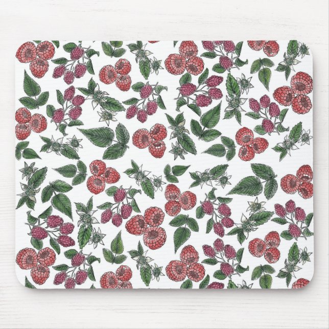 Raspberry Fruit Leaves Illustration Pattern Mouse Pad (Front)