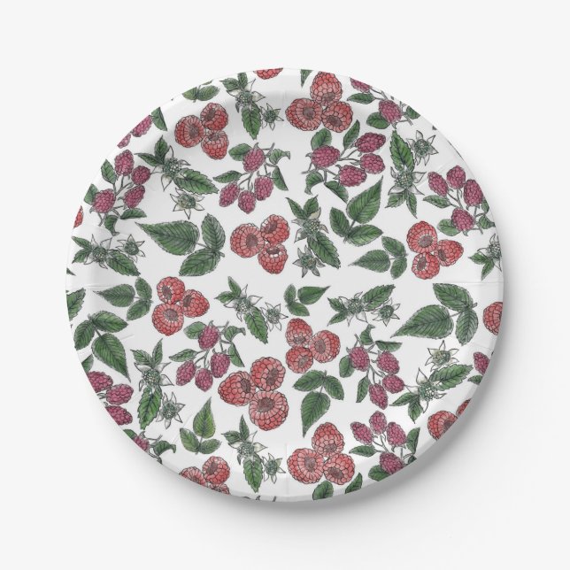 Raspberry Fruit Leaves Illustration Pattern Paper Plate (Front)