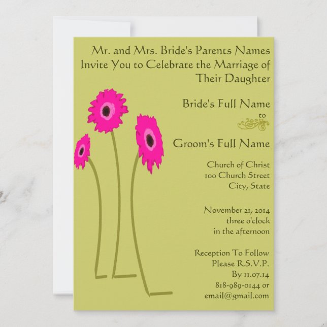 Raspberry Gerbers on Lime Wedding Invitations (Front)