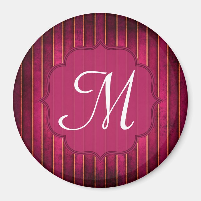 Raspberry Gold Stripe Mod Monogram Initial Magnet (Front)