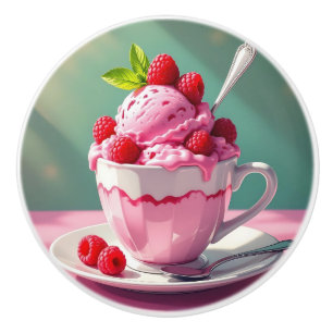 Raspberry Ice Cream in a Pink Coffee Cup Ceramic Knob