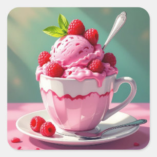 Raspberry Ice Cream in a Pink Coffee Cup Square Sticker
