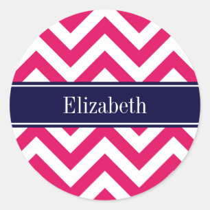 Raspberry Lg Chevron Navy Blue Name Monogram Classic Round Sticker