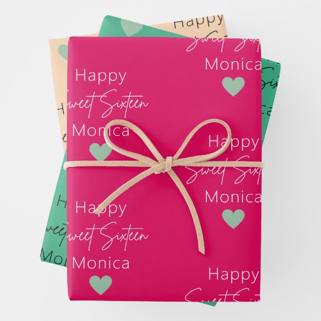 Raspberry, Mint, Sweet 16 Personalised Birthday Wrapping Paper Sheet (In situ)