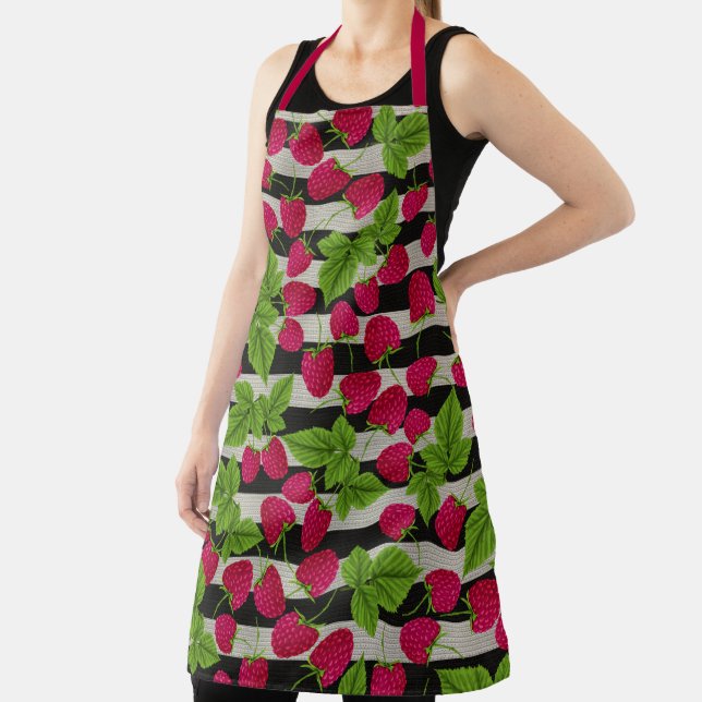 Raspberry Modern Black & White Stripes Apron (Insitu)