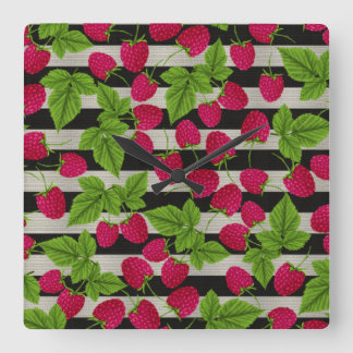 Raspberry Modern Black & White Stripes Square Wall Clock