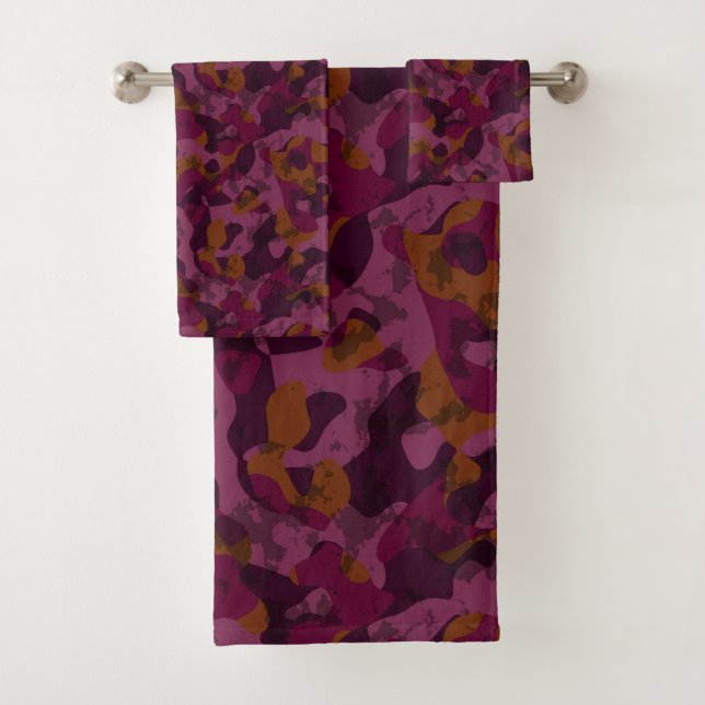 Raspberry, Mulberry, marron and nutmeg camo  Bath Towel Set (Insitu)