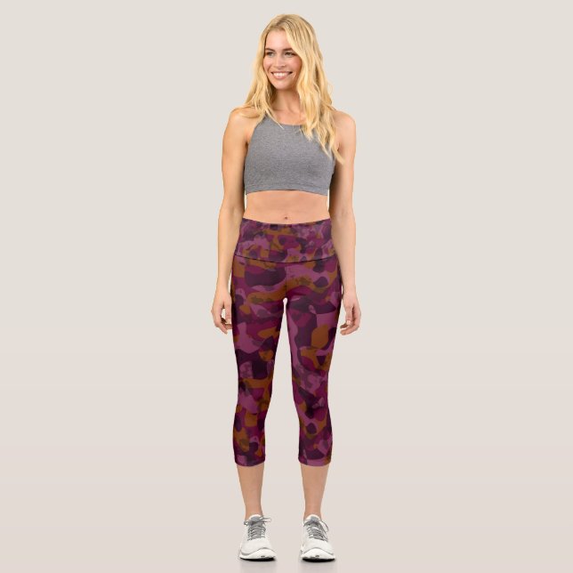Raspberry, Mulberry, marron and nutmeg camo  Capri Leggings (Front)
