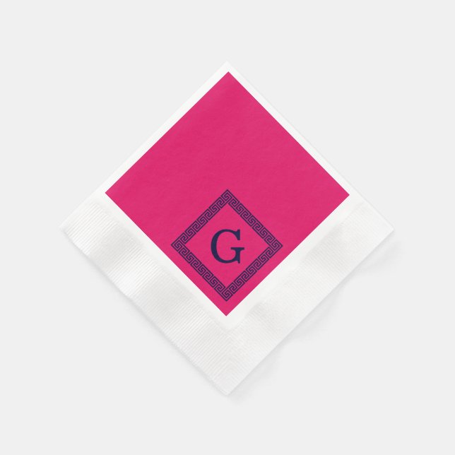 Raspberry, Navy Blue Greek Key #1 Framed Monogram Napkin (Corner)