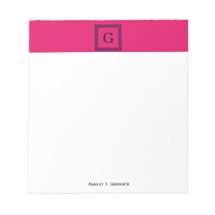 Raspberry, Navy Blue Greek Key #1 Framed Monogram Notepad