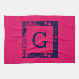 Raspberry, Navy Blue Greek Key #1 Framed Monogram Tea Towel