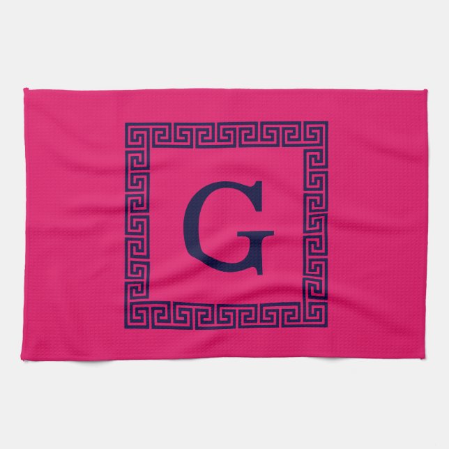 Raspberry, Navy Blue Greek Key #1 Framed Monogram Tea Towel (Horizontal)