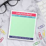 Raspberry Navy Mint A Note From the Mum of<br><div class="desc">Colorblock notepad for back to school with a note from mum of [your children's names] at the top and your name and phone number at the bottom in a combination of a retro script and a timeless sans serif font with colorblocks of raspberry red, turquoise, mint green, and navy blue...</div>