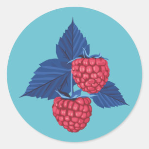 Raspberry on blue background classic round sticker