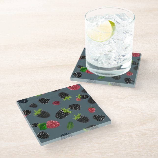 Raspberry Pattern 2 Glass Coaster (Angled)