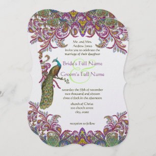 Raspberry Peacock Damask Wedding Invitations