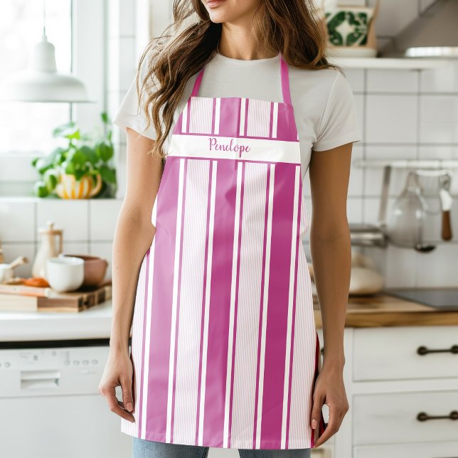 Raspberry - Peony Pink Deckchair Stripe Apron (Deckchair Multi Stripes Pink Apron)