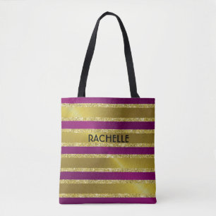 Raspberry Pink and Gold Glitter Stripes with Name Tote Bag