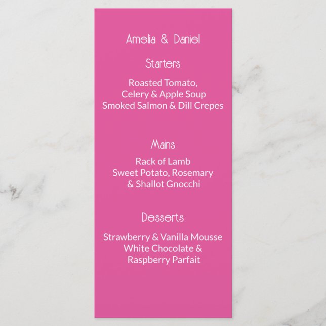 Raspberry Pink And White Wedding Menu Card (Front)