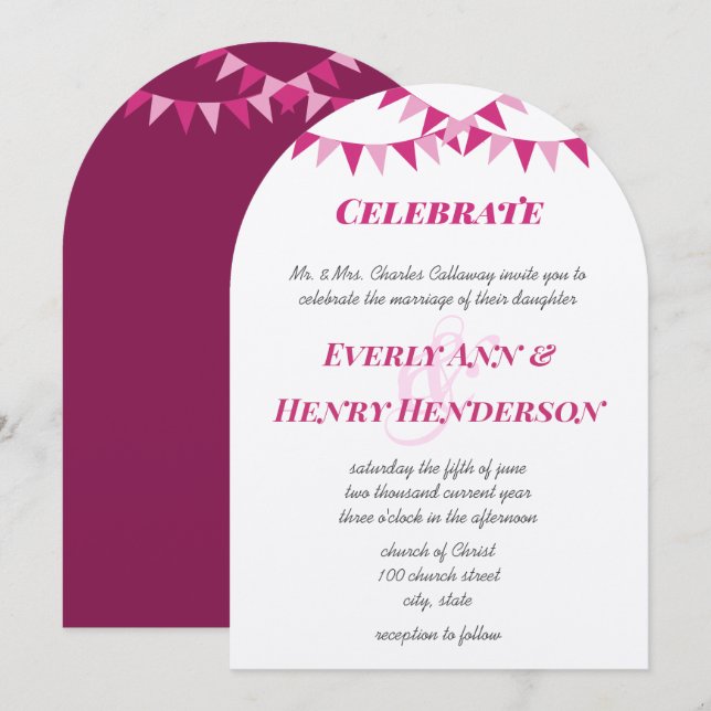 Raspberry Pink Bunting Pennant Wedding Invitations (Front/Back)