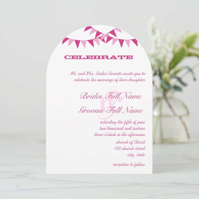 Raspberry Pink Bunting Pennant Wedding Invitations (Standing Front)