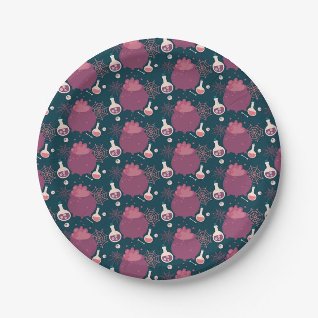 Raspberry Pink cauldrons halloween   Paper Plate (Front)